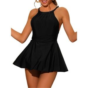 Elerevyo High Neck Ruched Tummy
Control Criss Cross Back Modest Skirt Swimdress
